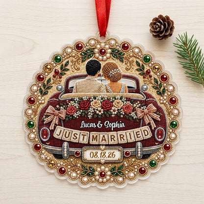 Personalized Just Married Vintage Car Scalloped Round Acrylic Ornament