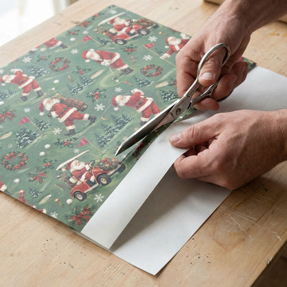 Green golf-themed Christmas wrapping paper with Santa swinging, a red golf cart, flags, balls, pine trees, wreaths and s