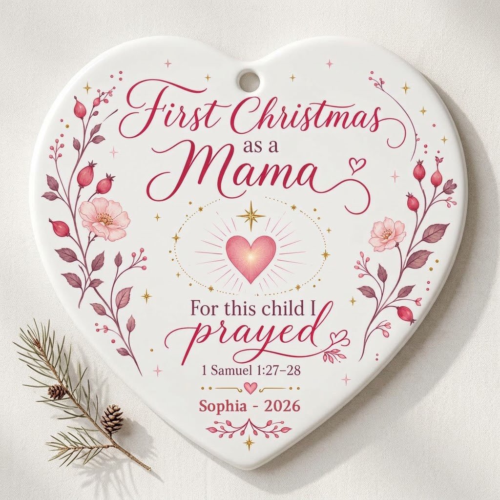 Heart ceramic ornament with pink florals, radiant pink heart, gold star, and First Christmas as a Mama text with name an