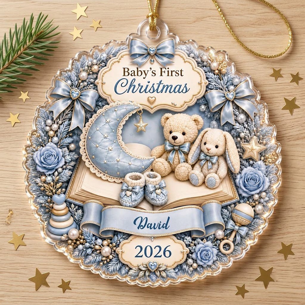 Blue floral wreath acrylic ornament with moon, teddy and bunny, plus Baby's First Christmas with name and year.