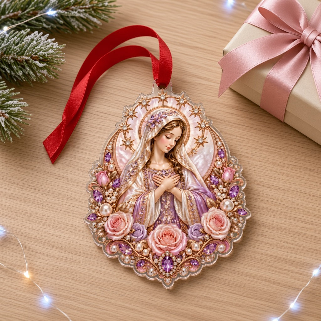 Acrylic ornament of the Virgin Mary with starry halo, pink and purple roses, pearls, gems and gold filigree.