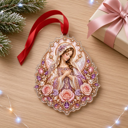 Acrylic ornament of the Virgin Mary with starry halo, pink and purple roses, pearls, gems and gold filigree.
