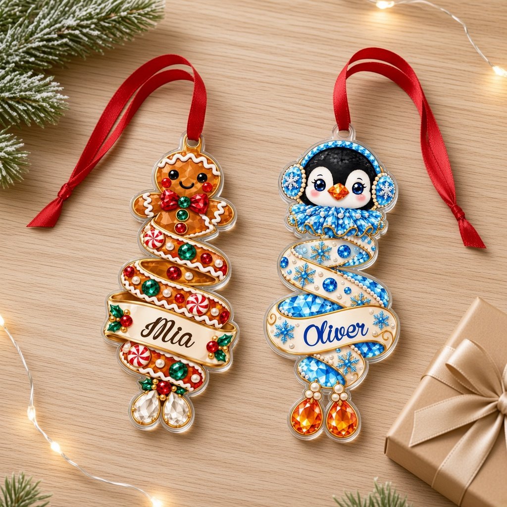 Custom-cut acrylic ornament with a gingerbread man or penguin on spiraling ribbons with a scroll name banner