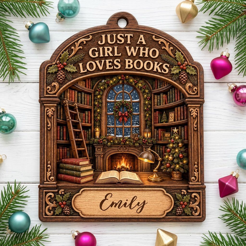 Arch wood ornament with library scene, bookshelves, ladder, fireplace, and 'Just a Girl Who Loves Books' text.