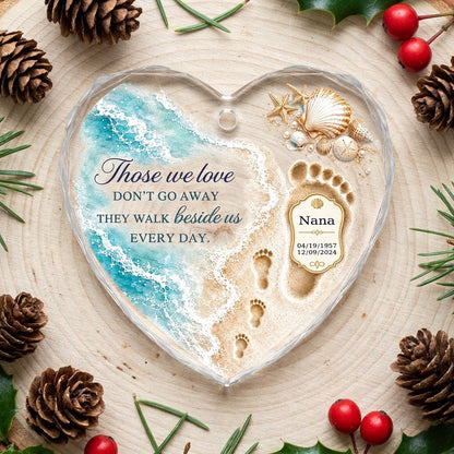Personalized Beach Footprints Memorial Those We Love Beside Us Heart Glass Ornament
