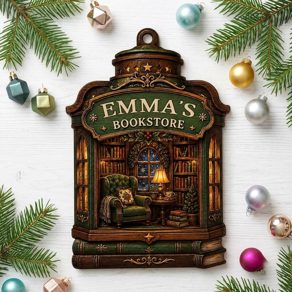 Custom-cut wood ornament like a vintage bookstore with a cozy library scene and a green BOOKSTORE sign.
