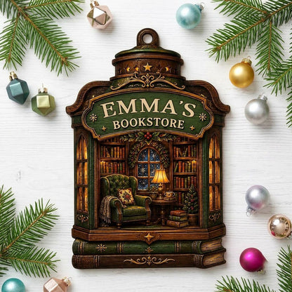 Custom-cut wood ornament like a vintage bookstore with a cozy library scene and a green BOOKSTORE sign.