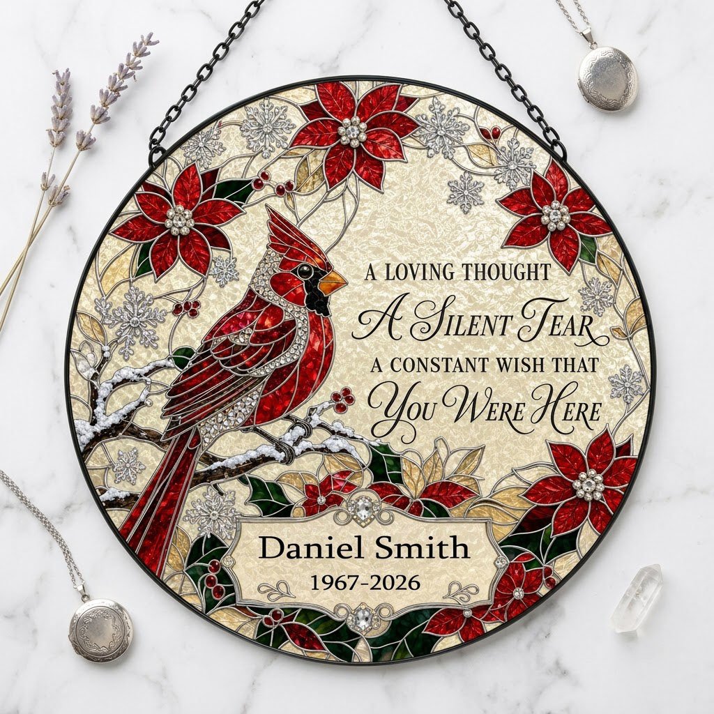 Personalized Red Cardinal Poinsettia A Silent Tear Memorial Stained Glass Round Suncatcher