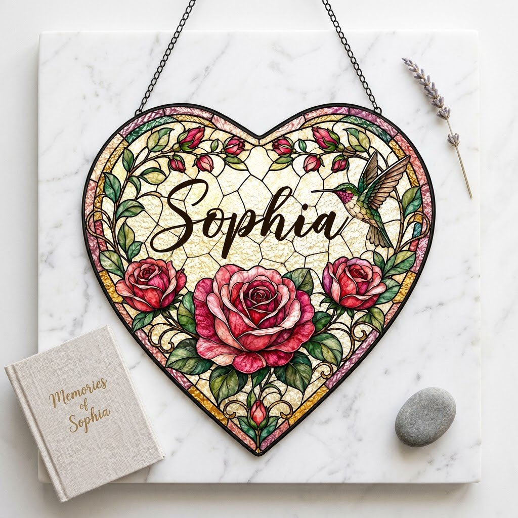 Heart stained-glass suncatcher with pink and red roses, a right-side hummingbird, and a multi-colored border.