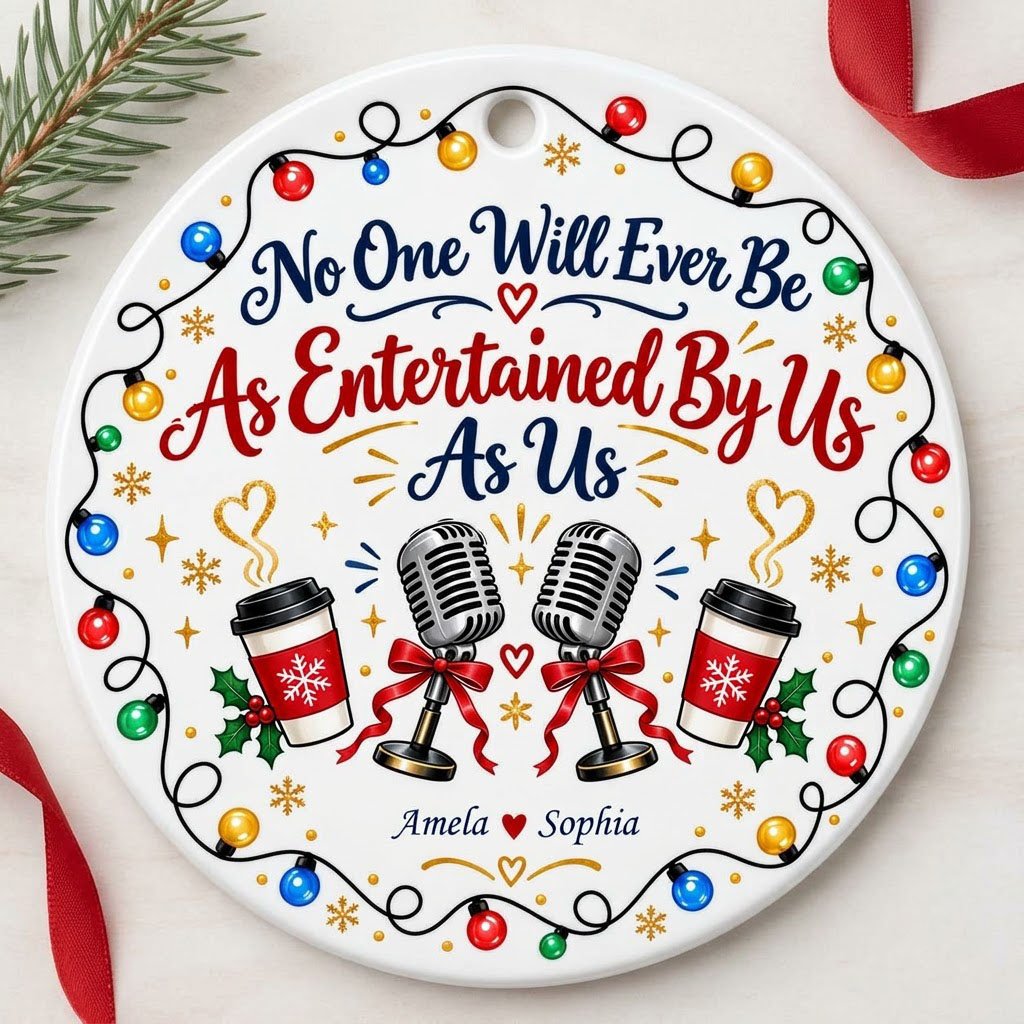 Round ceramic ornament with lights border, two microphones with red bows, and two coffee cups with heart steam.