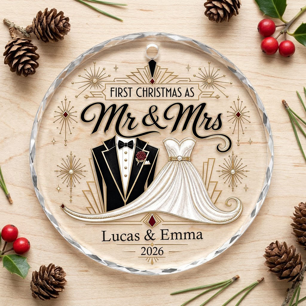 Personalized First Christmas as Mr & Mrs Art Deco Tuxedo Gown Round Glass Ornament