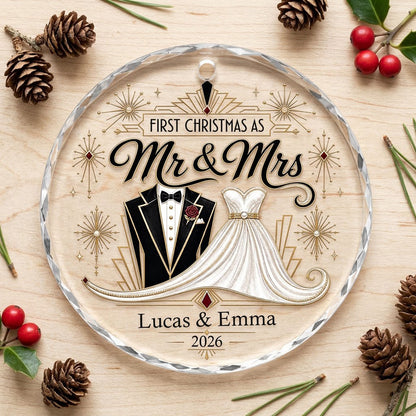 Personalized First Christmas as Mr & Mrs Art Deco Tuxedo Gown Round Glass Ornament