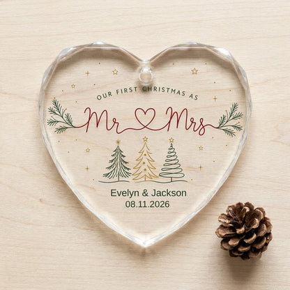 Personalized Our First Christmas as Mr & Mrs Minimalist Trees Heart Glass Ornament