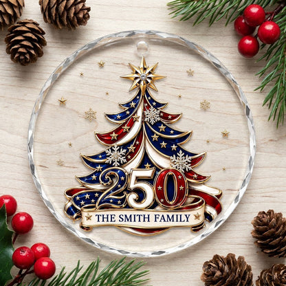 Personalized 250th Anniversary Patriotic Christmas Tree Round Glass Ornament