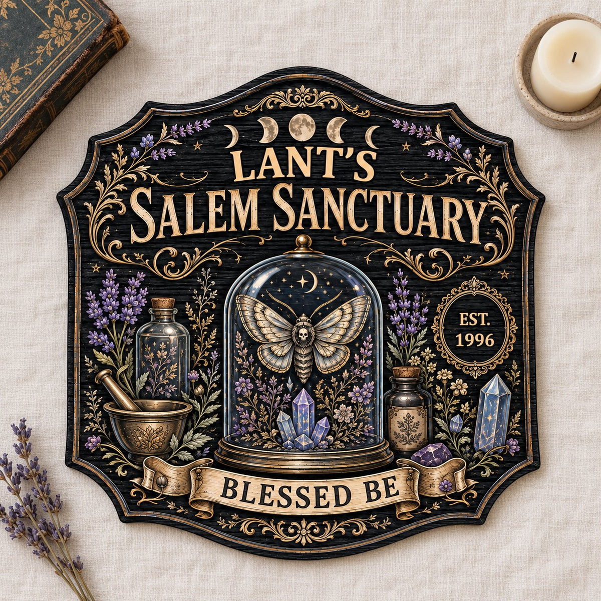 Ornate shield wooden sign with 'Salem Sanctuary,' moon phases, moth, crystals, and personalized name and year.
