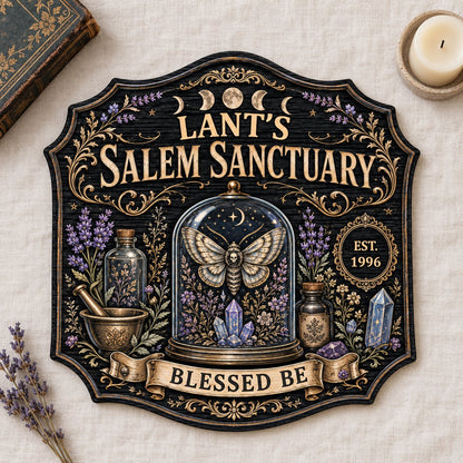 Ornate shield wooden sign with 'Salem Sanctuary,' moon phases, moth, crystals, and personalized name and year.