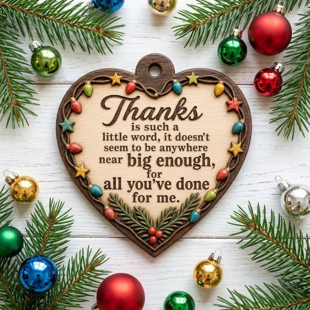 Heart-shaped wood ornament with a lights-and-stars border, pine sprigs with red berries, and a gratitude quote.