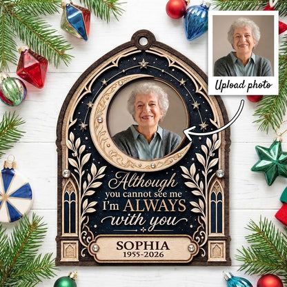 Gothic arch memorial wood ornament with crescent moon photo frame and starry sky with rhinestone accents.