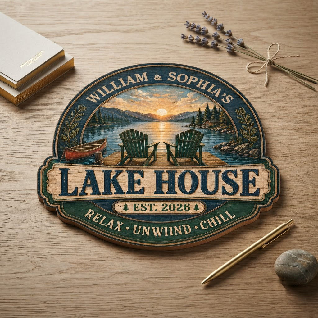 Personalized Lake House Sunset Wooden Hanging Sign