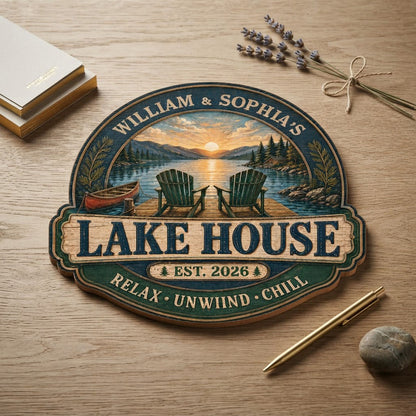Personalized Lake House Sunset Wooden Hanging Sign