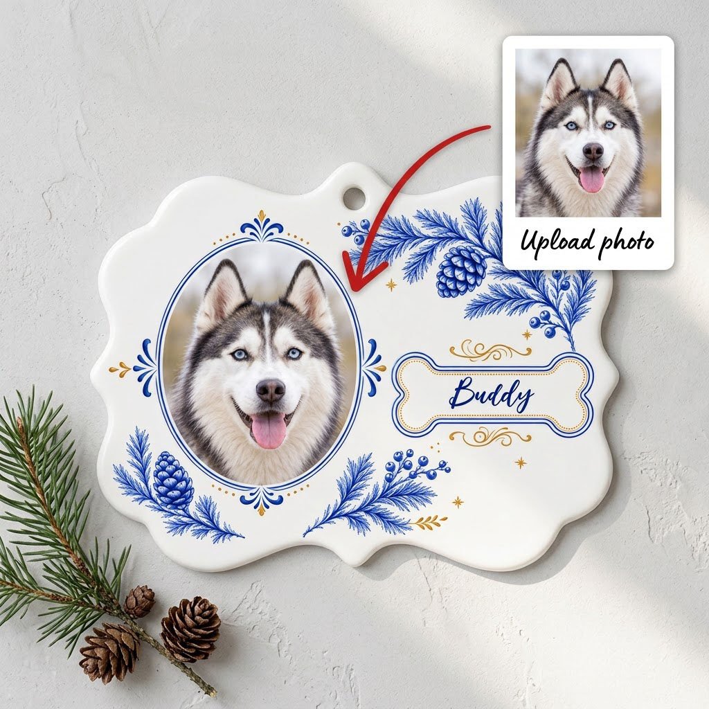 Medallion ceramic ornament with blue and gold filigree, bone name banner, and a custom husky dog photo on white.