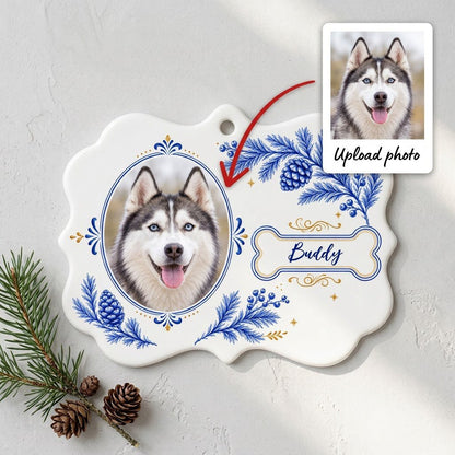 Medallion ceramic ornament with blue and gold filigree, bone name banner, and a custom husky dog photo on white.