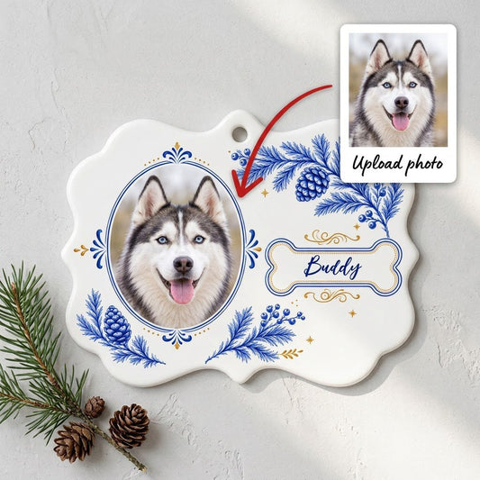 Medallion ceramic ornament with blue and gold filigree, bone name banner, and a custom husky dog photo on white.