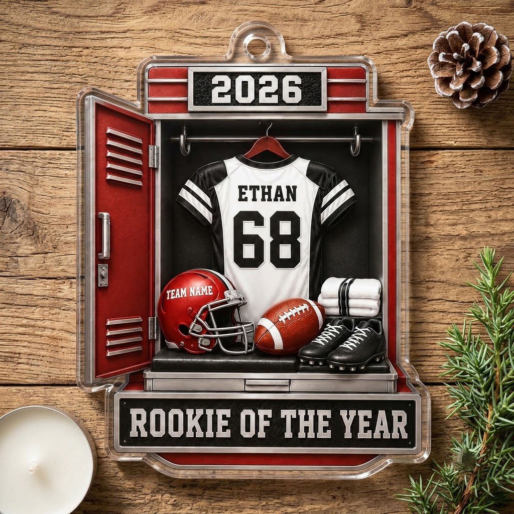 Acrylic ornament shaped like a football locker with jersey, red helmet, ball, towels and ROOKIE OF THE YEAR banner.