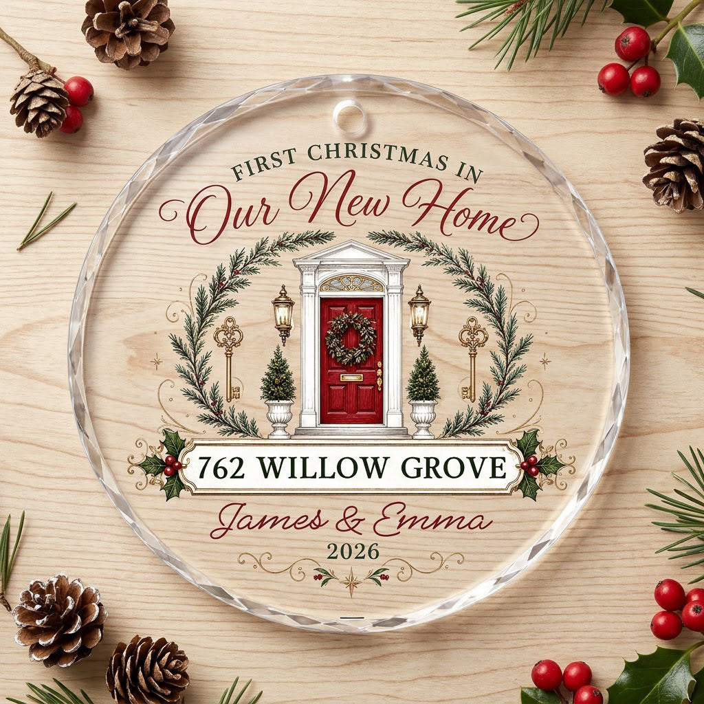 Personalized First Christmas in Our New Home Front Door Keys Round Glass Ornament