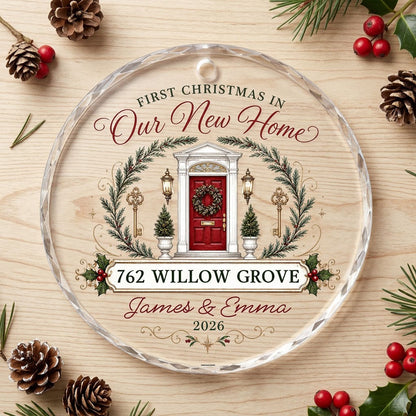 Personalized First Christmas in Our New Home Front Door Keys Round Glass Ornament