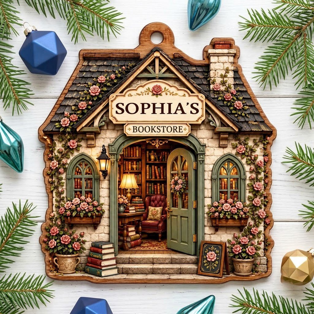 House-shaped wood ornament of a cozy bookstore with green door, rose vines, books, and a BOOKSTORE sign.