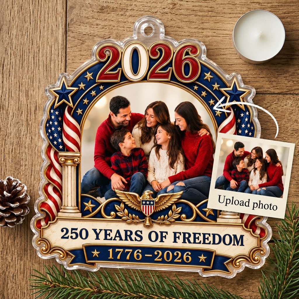 Ornate arched acrylic ornament with 2026, flag-draped columns, eagle emblem, and a central family photo frame