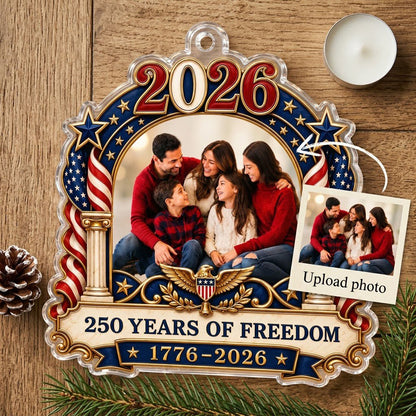 Ornate arched acrylic ornament with 2026, flag-draped columns, eagle emblem, and a central family photo frame