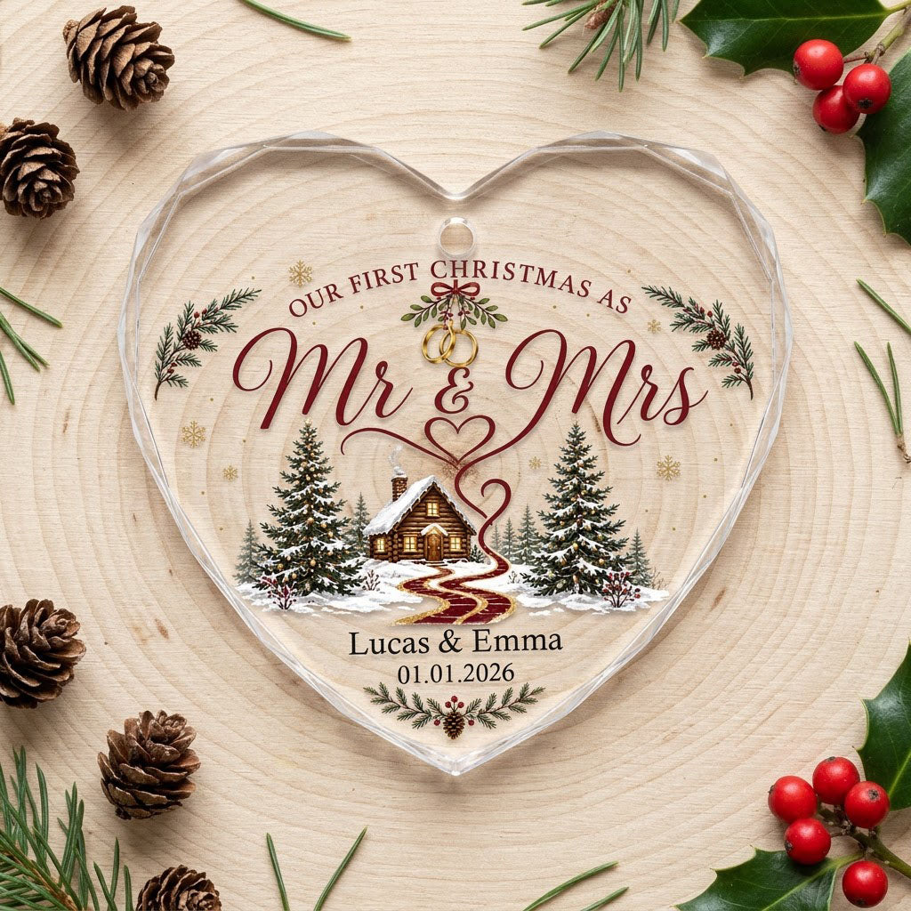 Personalized Our First Christmas as Mr & Mrs Winter Cabin Ribbon Heart Glass Ornament