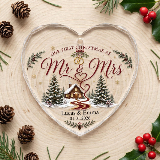 Personalized Our First Christmas as Mr & Mrs Winter Cabin Ribbon Heart Glass Ornament