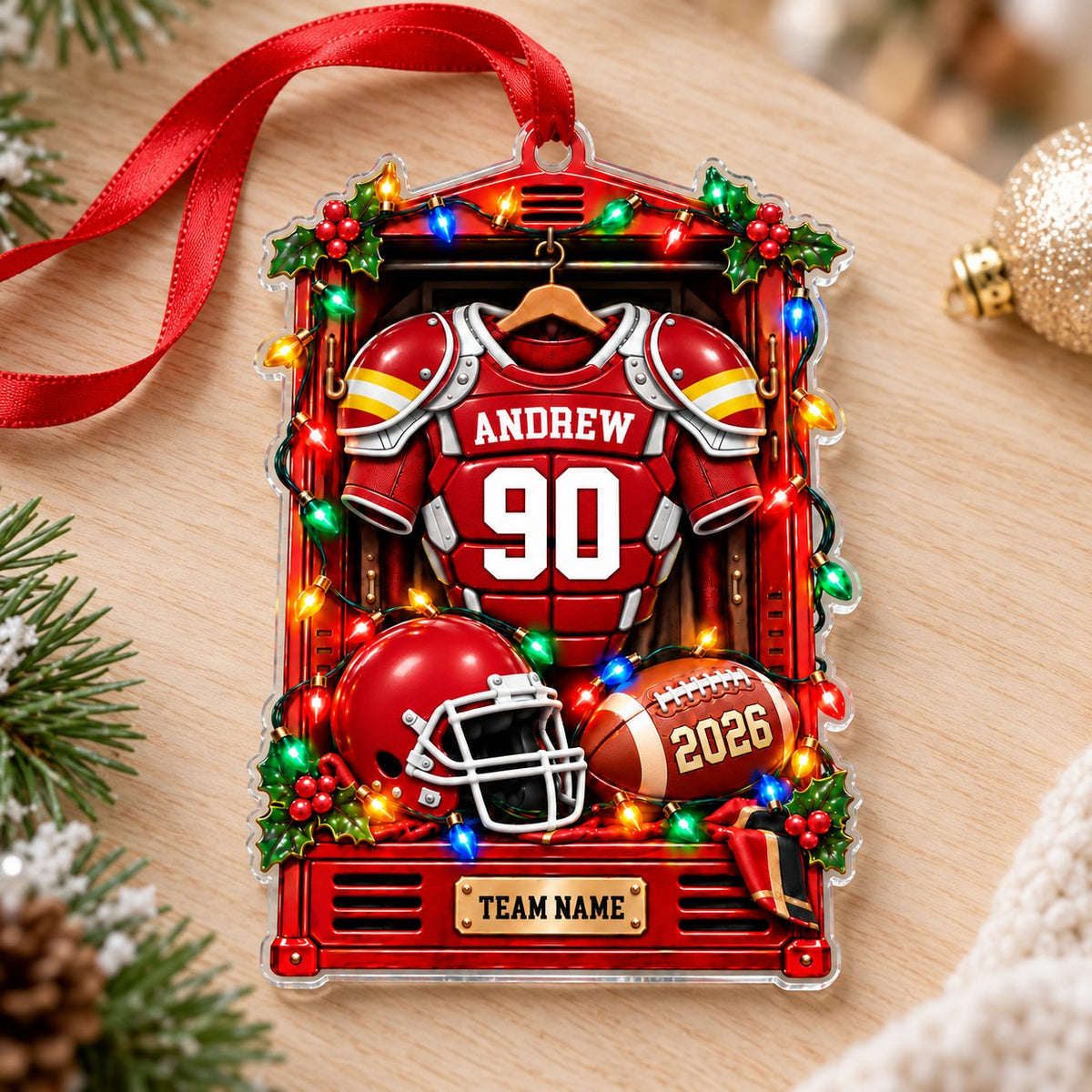 Red football locker ornament with jersey, helmet, football, holiday lights, holly, and custom name, number, team and yea