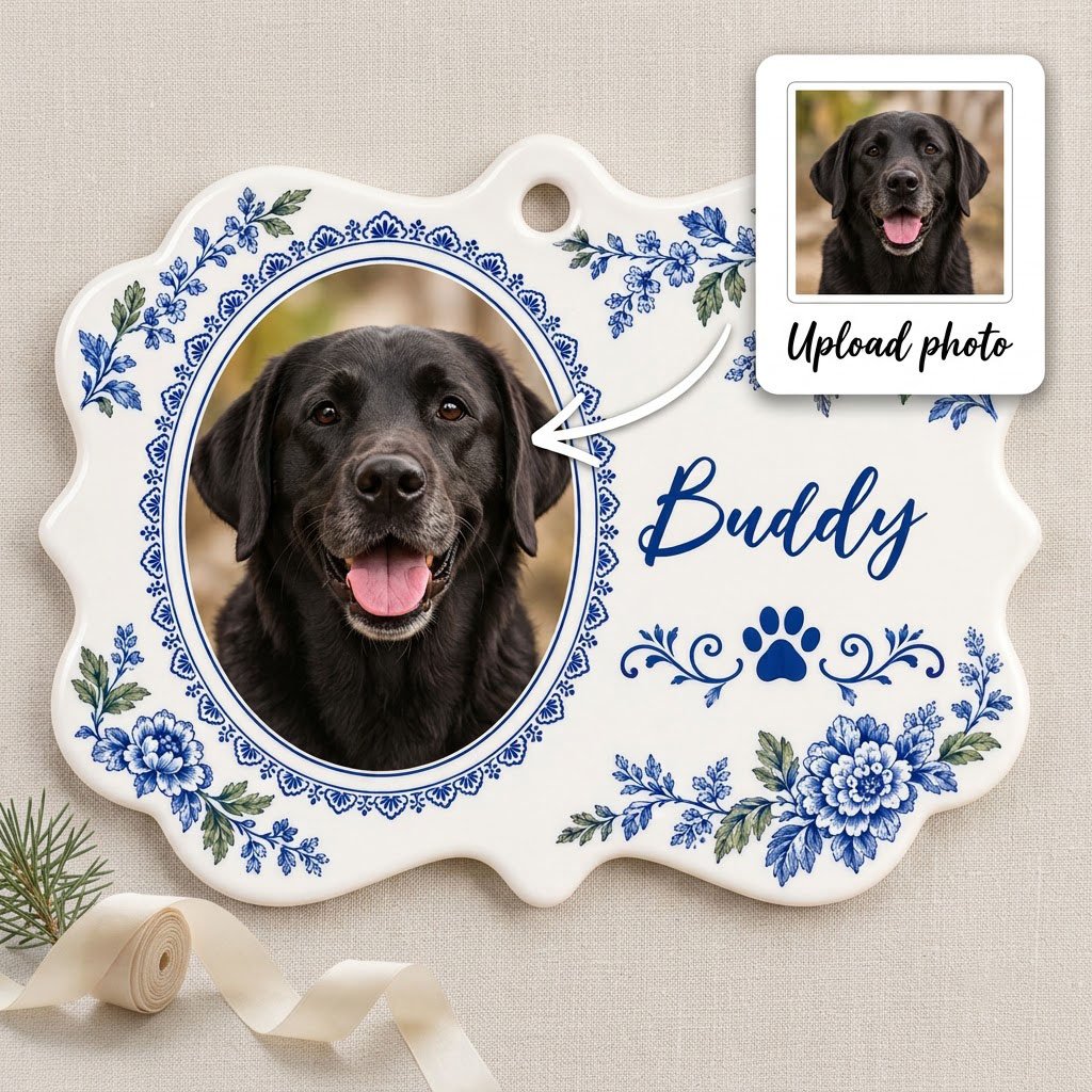 Scalloped medallion ornament with blue-green Delft floral border, dog photo left, blue paw print and name Buddy