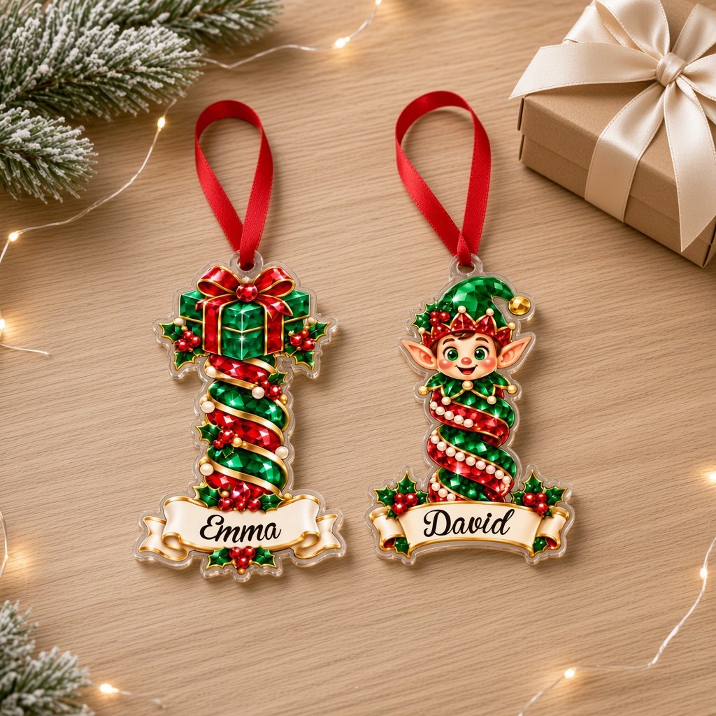 Acrylic ornament with green gift box and smiling elf, jeweled spiral columns, holly, and a name banner.