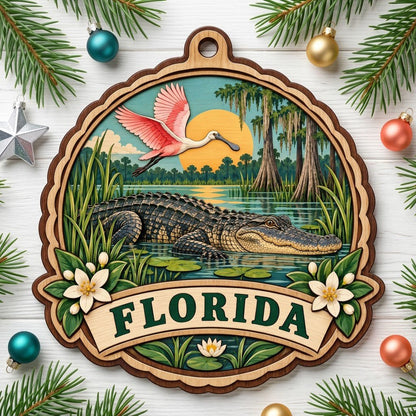Scalloped wood ornament with alligator, pink spoonbill, sun, cypress trees, and 'FLORIDA' on a bottom banner.