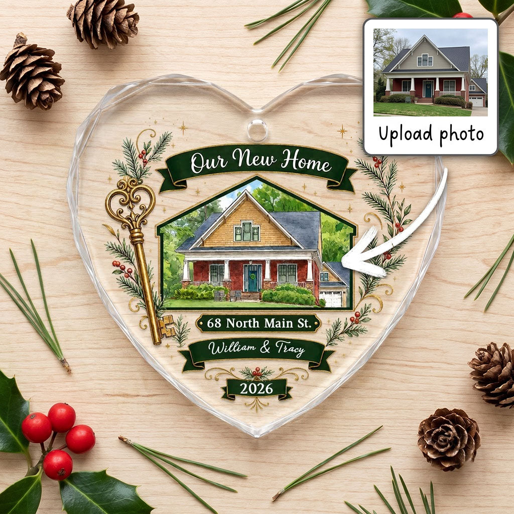 Personalized Our New Home House & Key Heart Glass Ornament