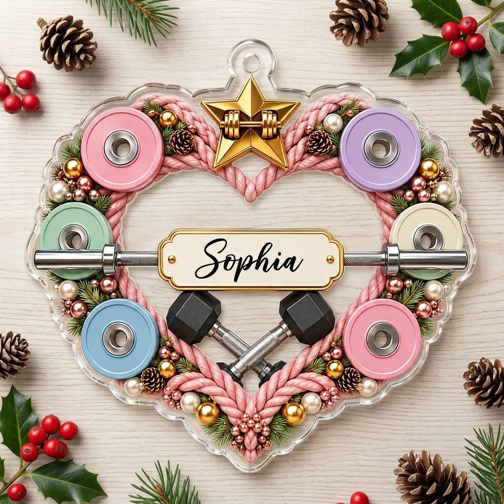 Clear acrylic heart ornament with pink rope wreath, pastel plates, barbell, crossed dumbbells, and a name plaque.