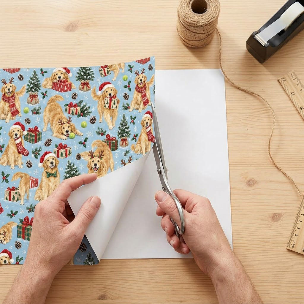 Light blue wrapping paper with Golden Retrievers in festive accessories, Christmas trees, gifts and snowflakes.