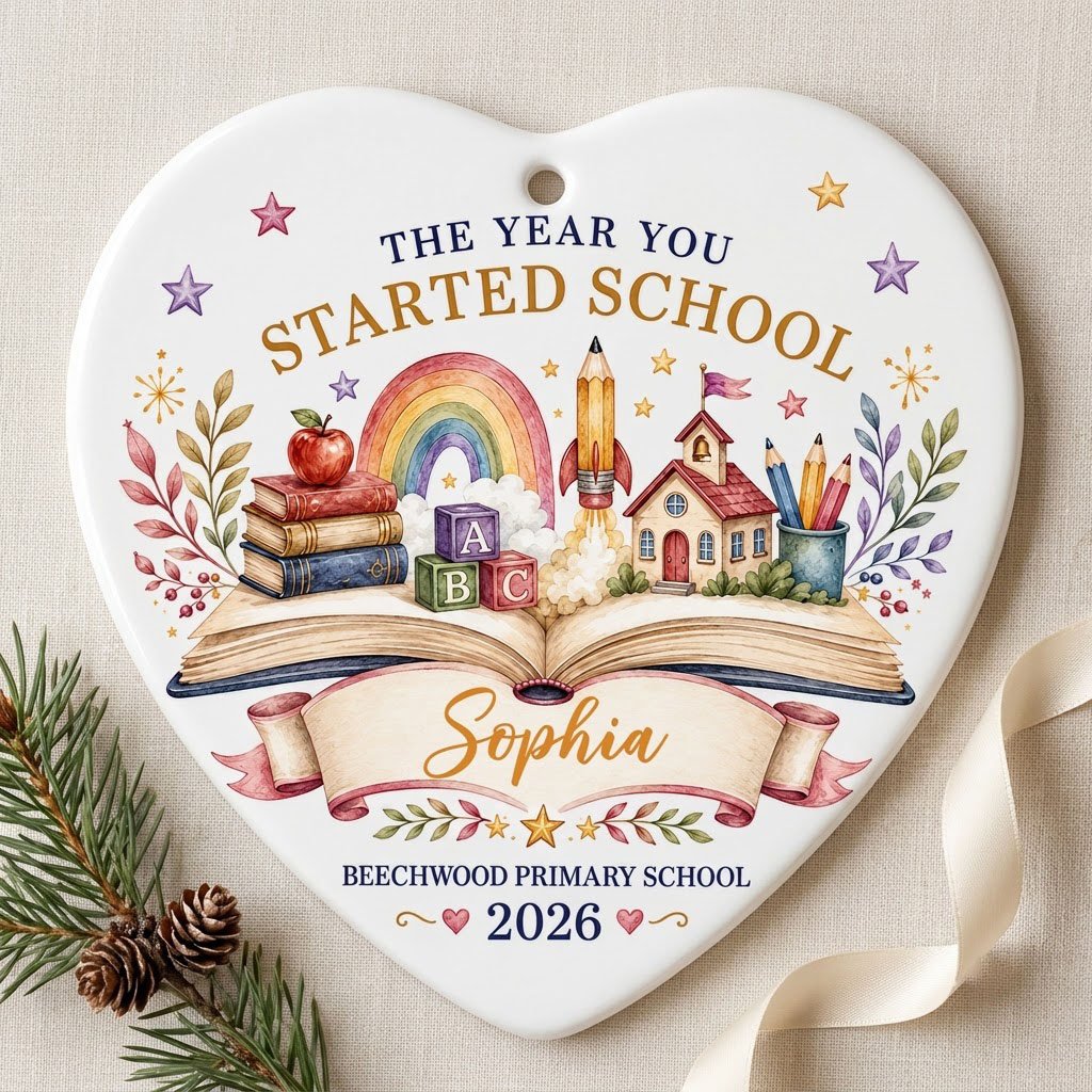 Heart ceramic ornament with an open book, rainbow, schoolhouse, ABC blocks and banner for name, school and year