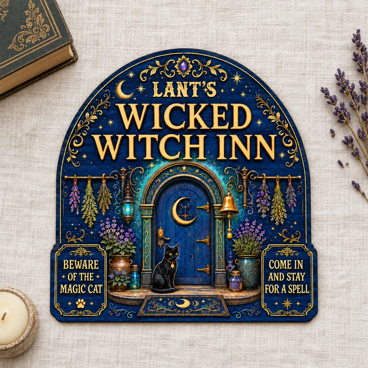 Custom-cut arched blue door wooden sign with black cat, crescent moon, herbs, lantern, bell, lavender and witchy plaques