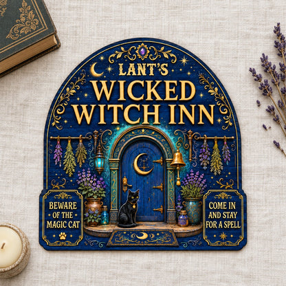 Custom-cut arched blue door wooden sign with black cat, crescent moon, herbs, lantern, bell, lavender and witchy plaques