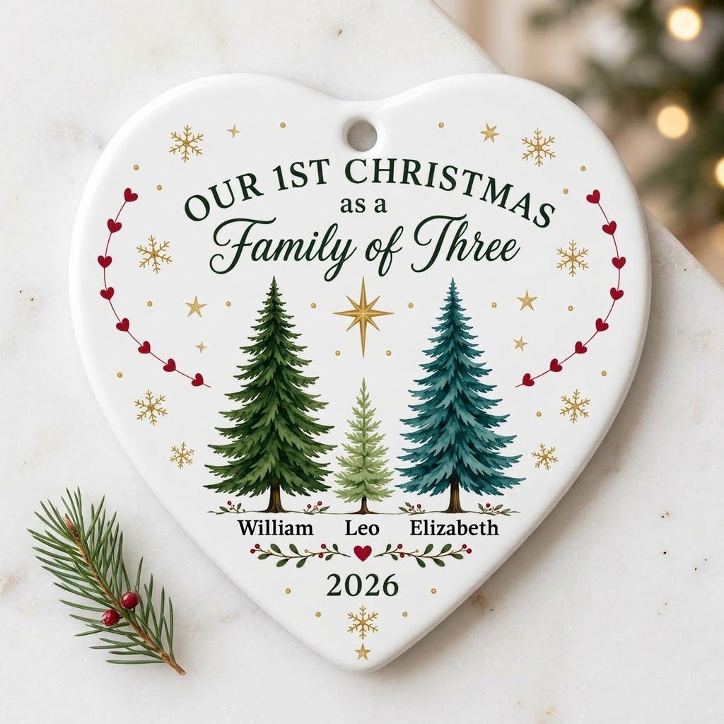 Heart ceramic ornament with three watercolor pine trees, a gold star, red heart garlands, and names with year.