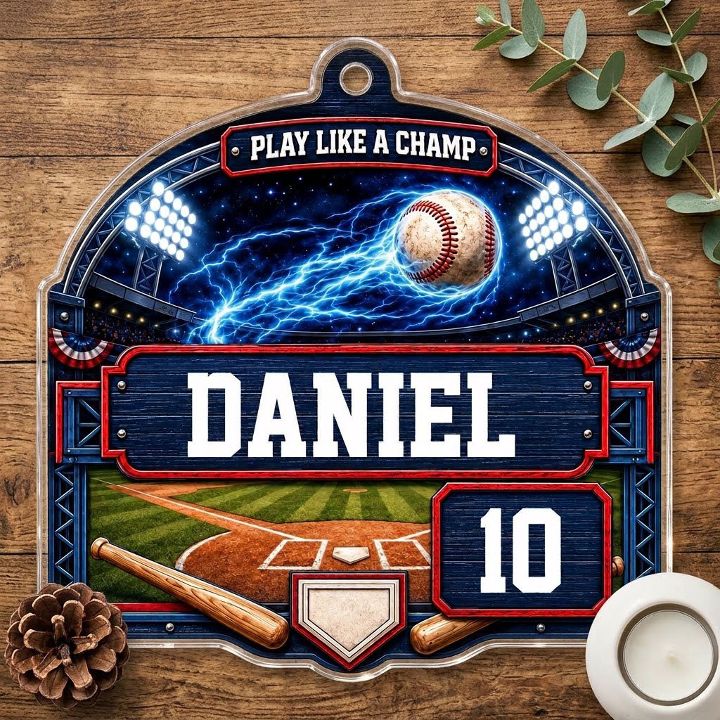 Arch acrylic ornament with flaming baseball in a night stadium, blue plaque, bats, home plate, name and number.