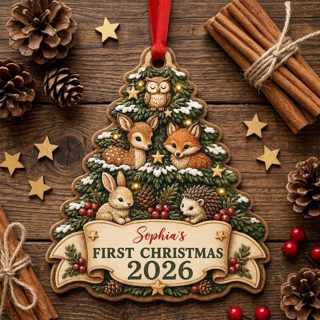 Personalized Woodland Animals Tree Baby's First Christmas Wood Ornament