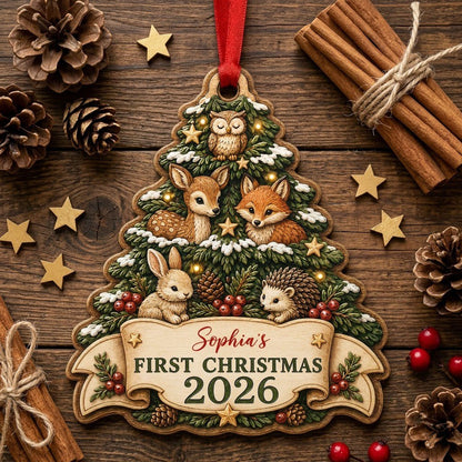 Personalized Woodland Animals Tree Baby's First Christmas Wood Ornament