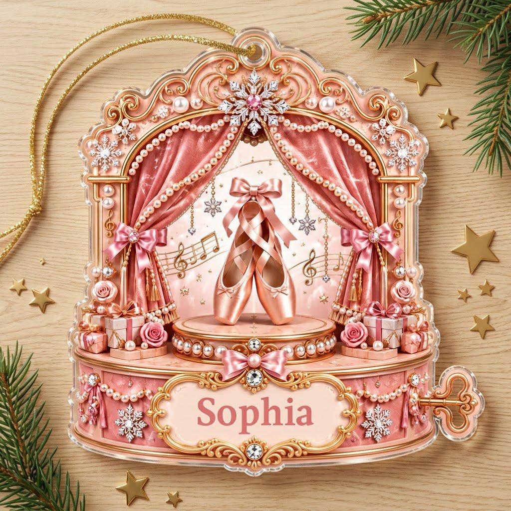 Pink ballet music box ornament with pointe shoes, velvet curtains, pearls, snowflakes, and a name plaque.